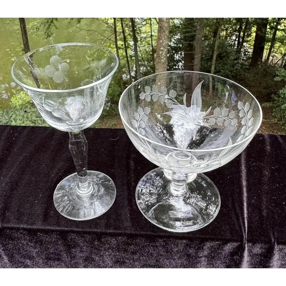 Vintage 1950’s Etched Floral Grape Stemware Dessert & Sherry Glasses -8/28